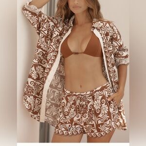 By Anthropologie L Poplin Long Sleeve Button Down Shirt Brown Floral Retro Boho